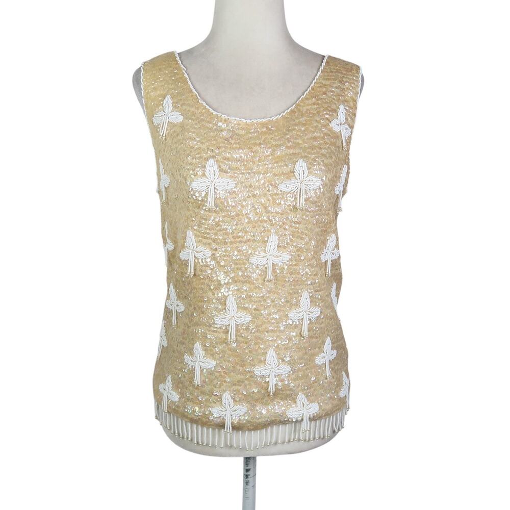 Vintage 60s Regalia Imports Yellow Iridescent Sequin Beaded Fringe Tassel Top S